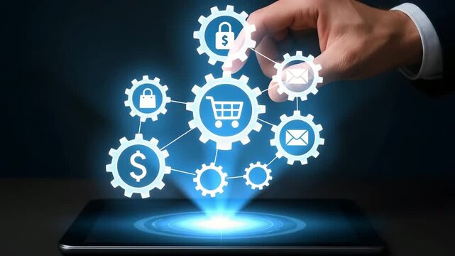 Shopping cart and finance icons spin in connected gears above a smartphone beam. Concept of ecommerce automation, payment security, and digital marketing flow. - Powered by Adobe