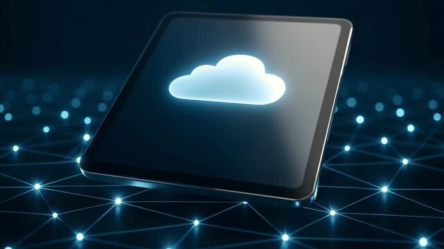 A glowing cloud symbol floats above a tablet amid a dotted digital grid. Concept of cloud computing service and scalable network infrastructure.