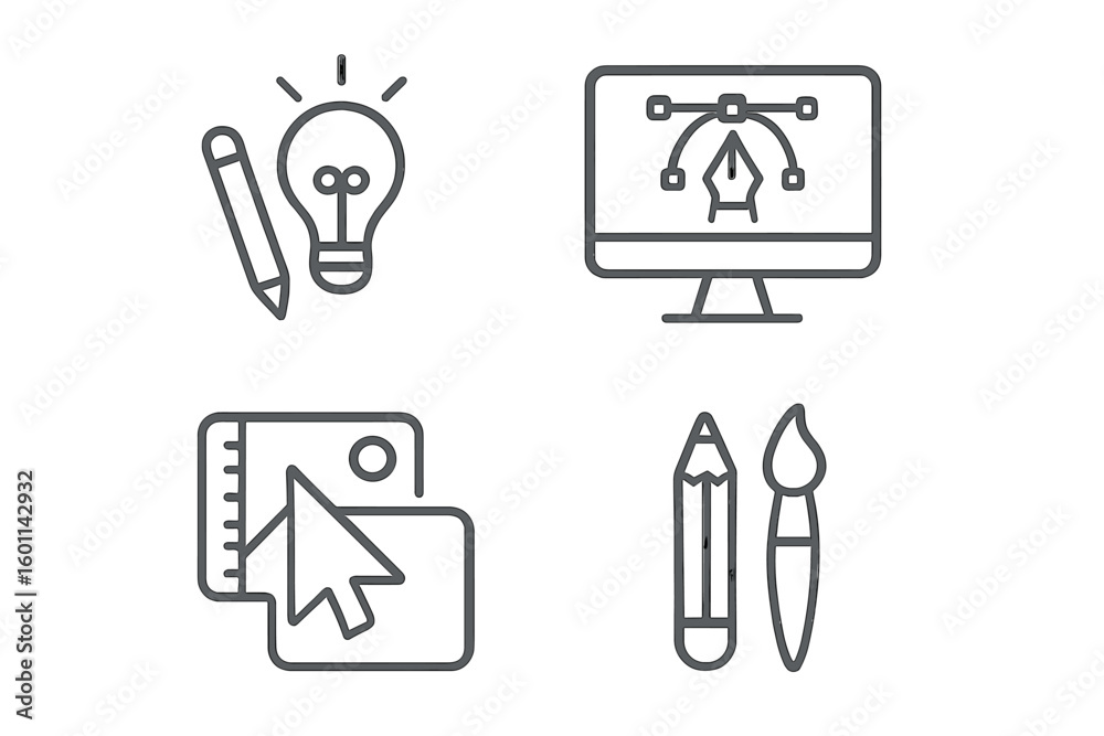 Fototapete Graphic design line icon set. Creativity, idea, vector software, art tools. Minimalist outline pictogram collection for web and app design. Digital drawing and sketching.