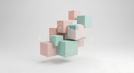 Obraz premium A pastel colored cube arrangement with pink and mint hues on a white background in a modern style