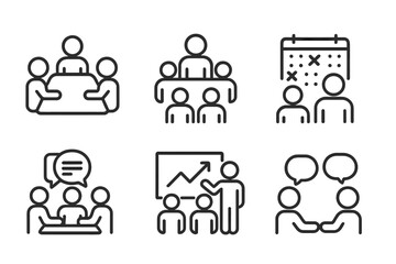 Business Meeting and Teamwork Line Icons Collection. Leadership, Collaboration, Discussion, Brainstorming, Strategy Planning, Presentation, Communication. Corporate Group Activity, Office Teamwork.