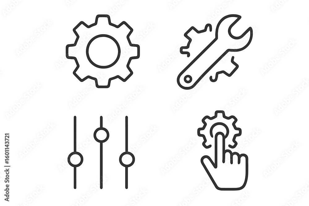Poster settings and setup line icons. linear style option, installation, regulation and control tool symbol