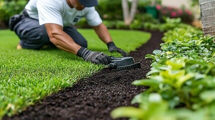 Person installing sod along a garden bed.