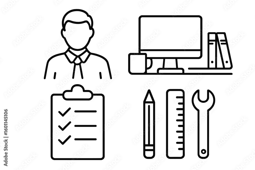 Fototapete Workplace and office line icon set. Thin line vector icons collection including worker, computer desk, clipboard checklist, and tools. Business management and workflow symbols.