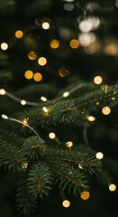 Christmas Lights on Fir Branches: Festive Holiday Season Decor with Golden Bokeh, Winter Holiday Celebration, Evergreen Background