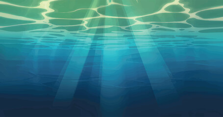 Abstract underwater scene with sunlight beams shimmering through clean clear water
