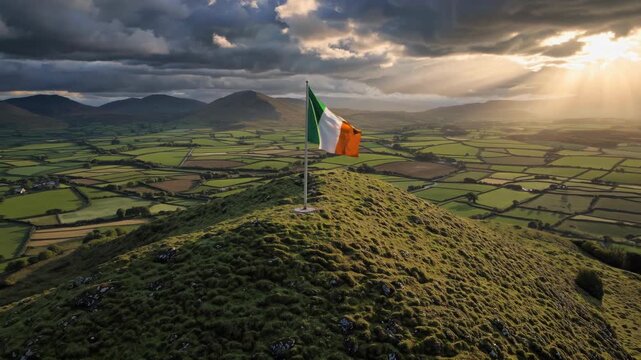 Green rolling hill dramatically rising under gently waving irish national flag, revealing expansive sunlit valley representing peaceful rural irish landscape and national pride
