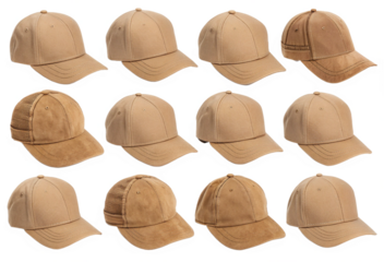 Collection of tan baseball caps arranged in rows isolated on transparent background
