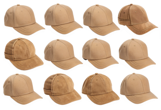 Collection of tan baseball caps arranged in rows isolated on transparent background