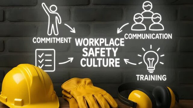 Hard hat, glove, and earmuff sit below chalkboard arrows to workplace safety culture. Concept of prevention, training, and communication for industrial protection.
