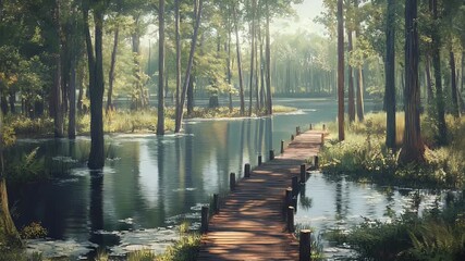 Serene water scene with a wooden pier surrounded by tall trees and light filtering through the foliage