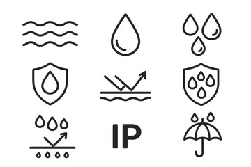 Waterproof and water resistant line icon set. Water repellent symbols. Hydrophobic material. Drop protection pictogram. IP rating proof sign. Outline vector icons.