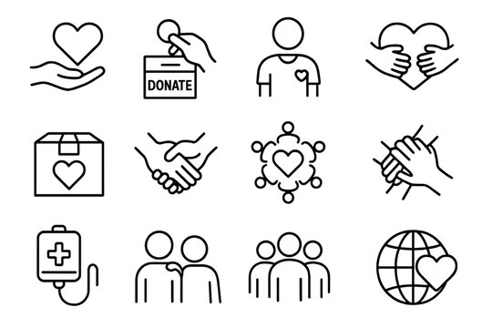 Donation and volunteering line icon set. Charity, community, support, unity, help, love and social care concepts. Thin line vector pictograms for humanitarian aid projects.