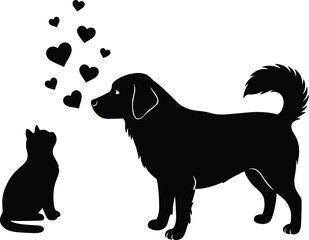 Silhouette of dog and cat facing, pet love, animal friendship, heart shapes, black white illustration, bonding conceptSilhouette of dog and cat facing, pet love, animal 
