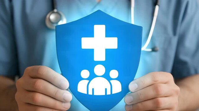 A doctor holds a blue shield with a cross and family figures. Concept of healthcare insurance, patient protection, and medical safety.