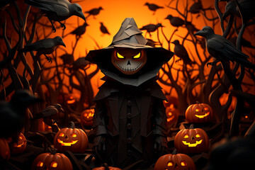 Spooky scarecrow in a dark forest surrounded by Halloween pumpkins and crows, concept of mystery, fear, and holiday celebration, illustration