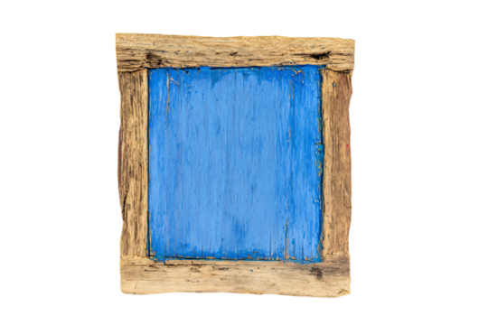 a blue window frame with a wooden frame