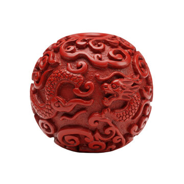 Meticulously carved vermillion red cinnabar lacquerware bead, 2-3 cm, featuring intricate 3D Chinese dragons, swirling clouds, floral patterns, on a transparent background with even diffused studio