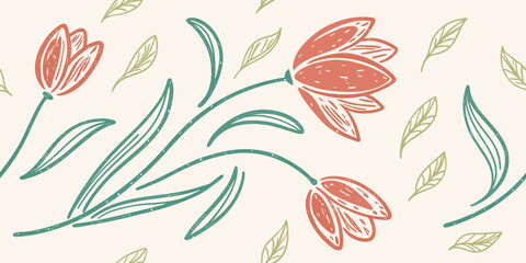 Hand-Drawn Floral Pattern: Pastel Tulips & Leaves