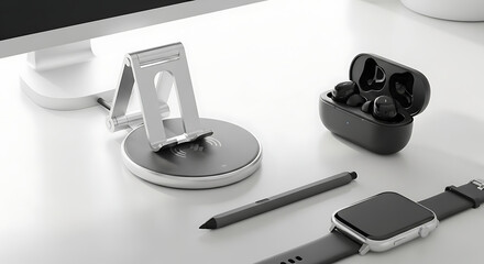 A desk with a monitor stand, wireless charger, earbuds, stylus, and smartwatch on a white surface ai generated
