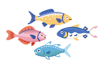 Four colorful cartoon fish swimming together underwater against black background