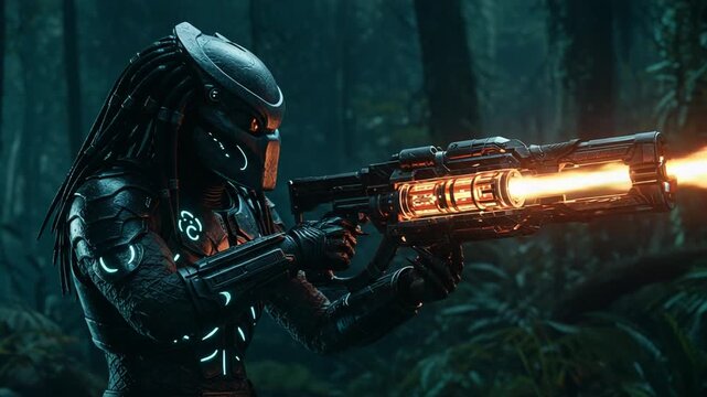 Futuristic warrior with advanced weaponry in a dense jungle setting for an action movie