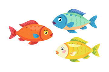 Naklejka premium Three colorful cartoon fish swimming together on black background