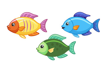 Fototapeta premium Three colorful cartoon fish swimming together on a black background