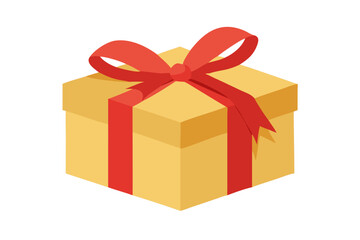 Isometric yellow gift box with red ribbon and bow on black background