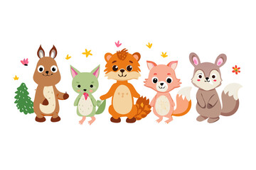 Obraz premium Cute cartoon forest animals standing together with stars and leaves