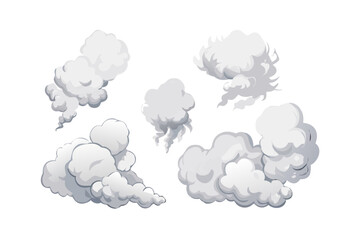 Collection of stylized cartoon smoke and dust clouds on black background