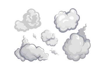 Collection of stylized cartoon smoke and dust clouds on black background