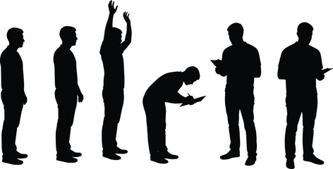 Silhouette of man standing, writing with clipboard, raising hands, gesture posture, black white illustration, isolatedSilhouette of man standing, writing with clipboard