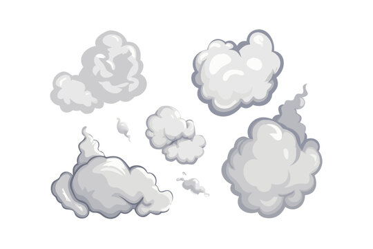 Collection of stylized cartoon smoke and dust clouds on black background