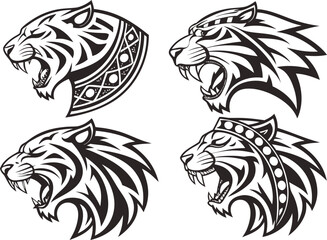 Obraz premium Vector art of a collection of black and white tiger head illustrations showcasing their fierce beauty and tribal