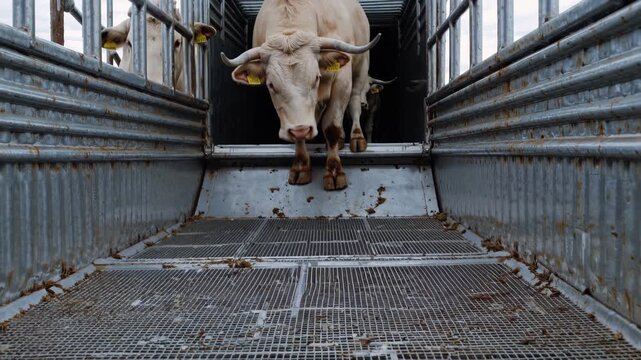A light-colored cow steps down a grated metal ramp inside a livestock transport trailer symbolizing the industrial process of animal farming and slaughter industry worldwide
