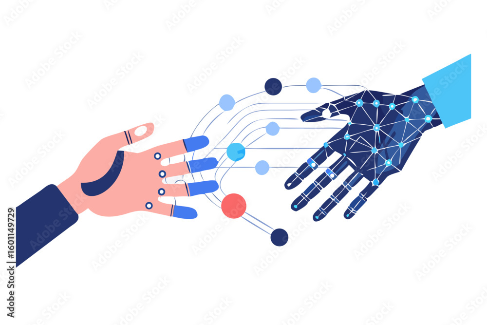 Poster human and robot hands connecting through a digital network of nodes
