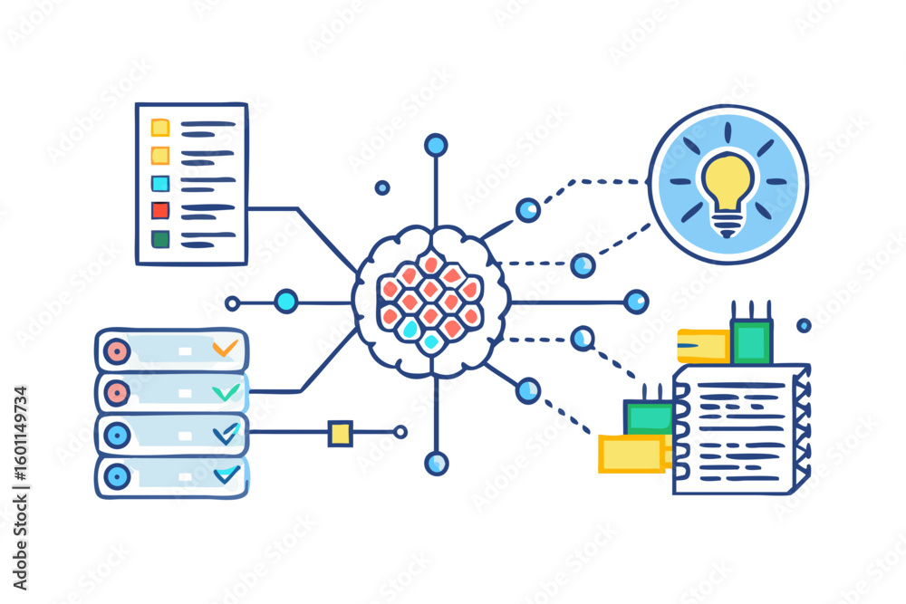 Poster abstract concept of data processing and idea generation with a central network