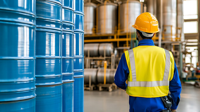 Engineer in PPE amidst industrial setting with large tanks and stacked blue drums, ensuring safety and efficiency in production processes.