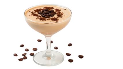 A delicious creamy dessert topped with chocolate shavings in a martini glass isolated on transparent background