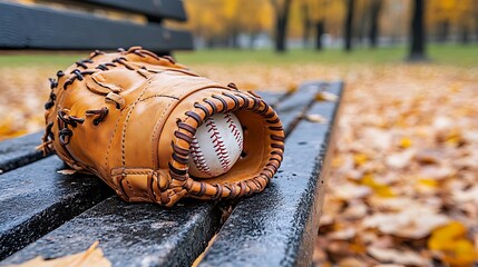 Baseball glove rests on a park bench amidst autumn leaves.