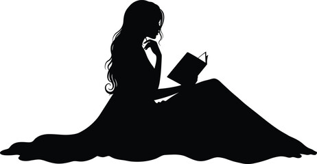 Silhouette of woman reading book, peaceful moment, elegant posture, intellectual activity, artistic inspirationSilhouette of woman reading book, peaceful moment