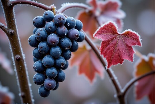 In a vineyard in winter, delicate white frost crystals cover dark purple grapes and deep red leaves clinging to the vine. Frosty grapevine scene captures nature’s beauty. - Powered by Adobe