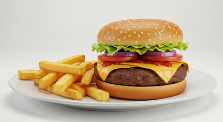 A juicy beef cheeseburger with melted American cheese, lettuce, tomato, onion, and ketchup, served on a sesame seed bun. A small side of golden french fries is placed beside it.