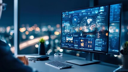 Futuristic office night cityscape digital dashboard data analysis technology, modern workspace innovation, businessman analyzing data dashboard - Powered by Adobe