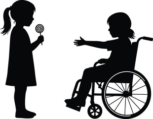 Silhouetted children interacting, inclusive friendship, girl with lollipop, wheelchair support, empathy, outdoorSilhouetted children interacting, inclusive friendship