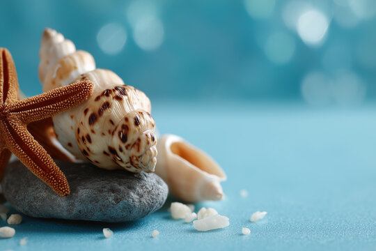 Starfish and seashells arranged on a smooth stone against a blue background. A calming still life of oceanic treasures. Coastal decor, summer vibes, beach memories.