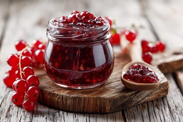 Delicious berry jam in a glass jar on rustic wood board with fresh berries surrounding it, perfect for breakfast or dessert