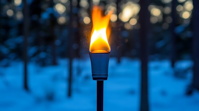 Burning torch in a snowy forest at dusk.