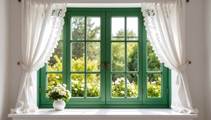 Green window with white curtains